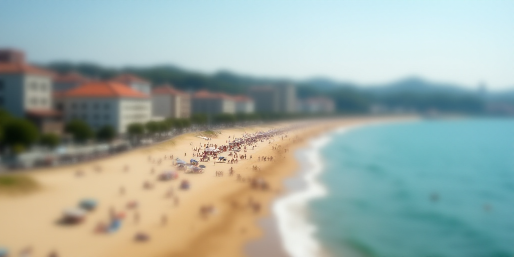 a beach with a lot of people on it and buildings in the background and a city in the distance, Cefer