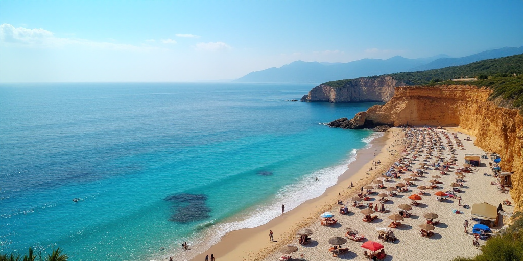 a beach with a lot of people on it and some umbrellas and chairs and people in the water, Aquirax Un