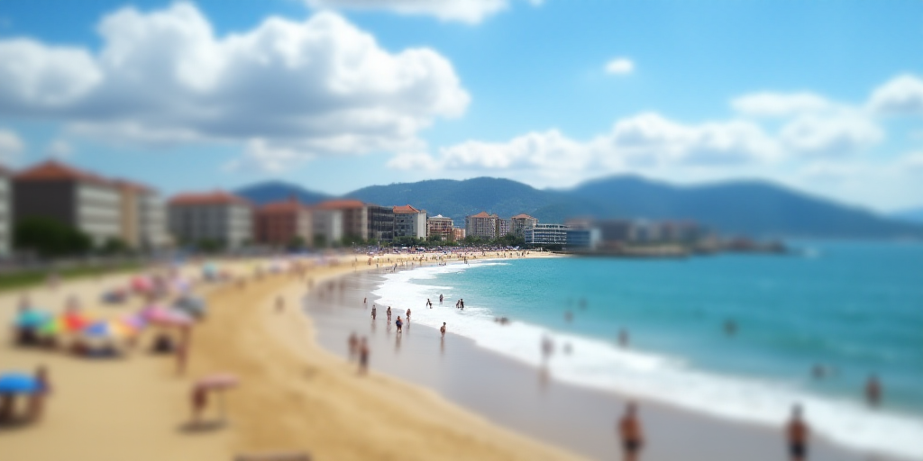 a beach with a lot of people on it and buildings in the background and a blue sky with clouds, Cefer