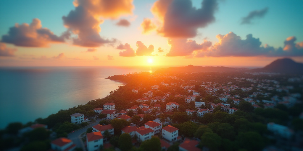 a beautiful sunset over a city on a tropical island in the ocean with a blue sky and clouds above, C