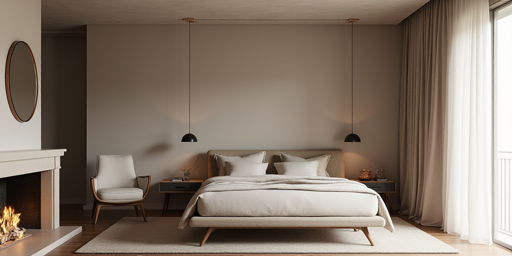 a bedroom with a bed, chair, mirror and fireplace in it and a mirror on the wall above the bed, Engu