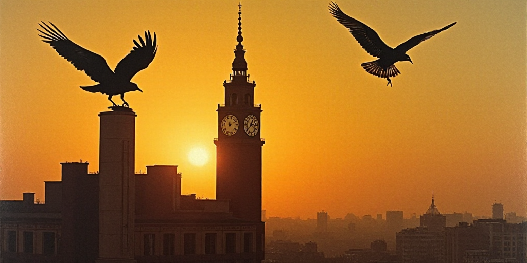a bird flying over a tall building with a clock tower in the background at sunset or dawn with a bir