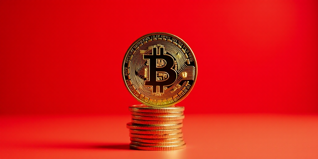 a bitcoin sitting on top of a stack of coins on a red background with a red backdrop, Andries Stock,