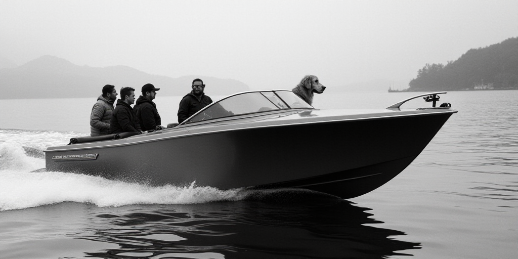 a black and white photo of a boat with people inside of it and a man in the cockpit with a dog, Dahl