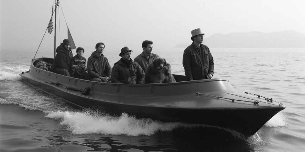 a black and white photo of a boat with people inside of it and a man in the cockpit with a dog, Dahl