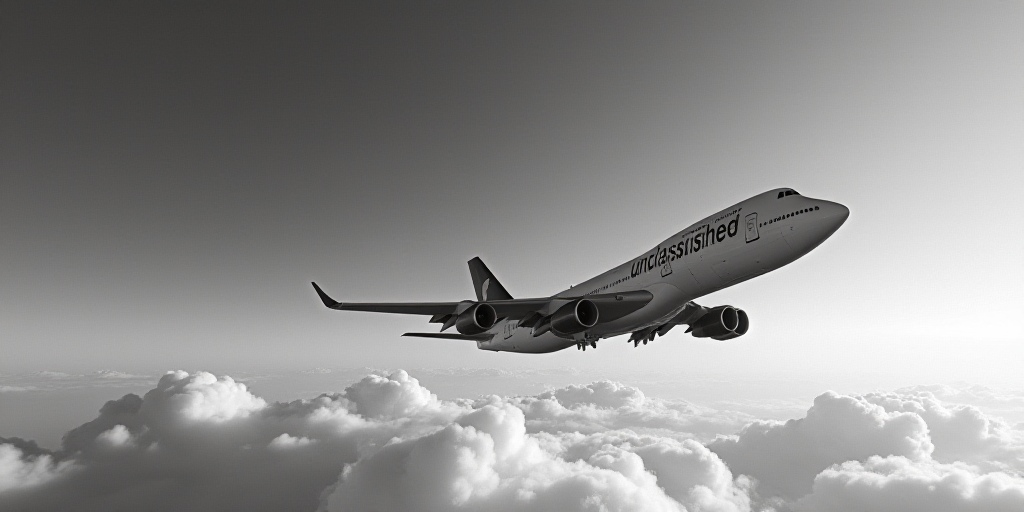 a black and white photo of a plane flying in the sky with a sign that reads unclassnished, Dahlov Ip