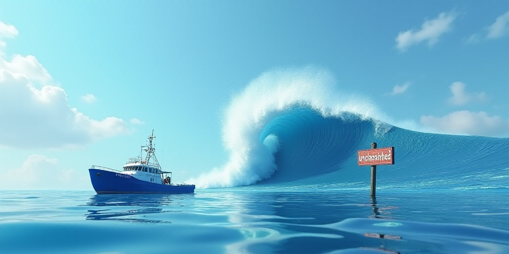 a blue boat is in the water near a large wave and a sign that says unclassnished on it, Dahlov Ipcar