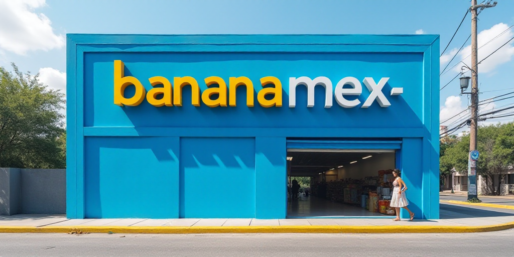 a blue building with a sign that says bananamex on it's side and a woman walking out of the door, Ca