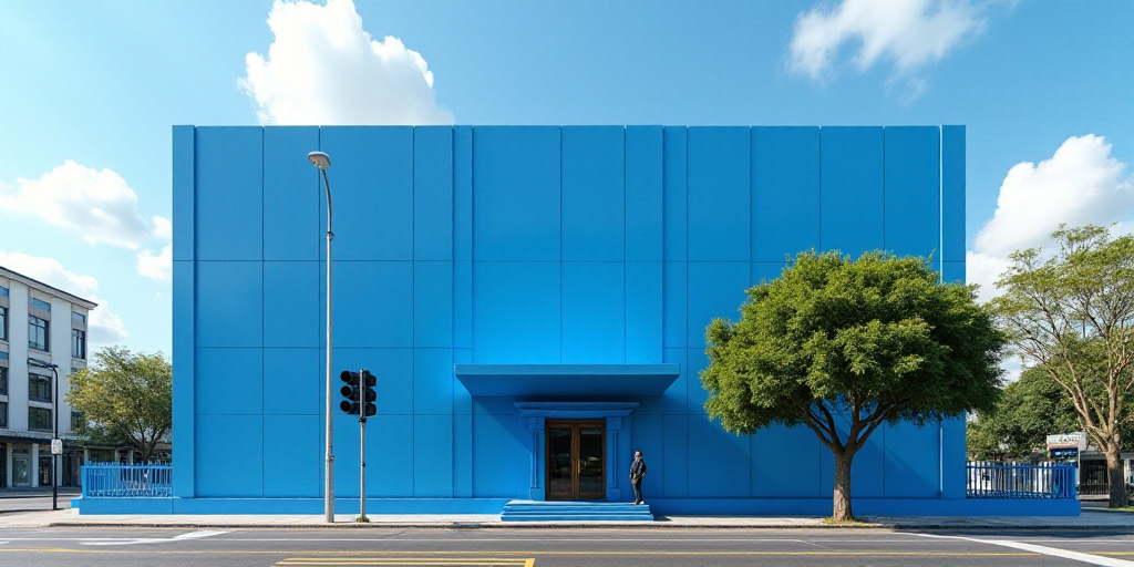 a blue building with a traffic light in front of it and a tree in front of it that is also a banana