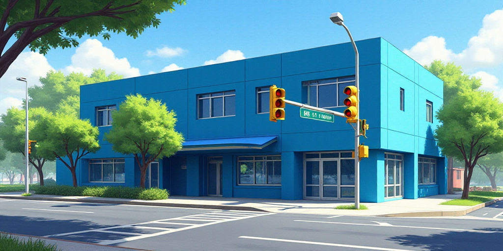 a blue building with a traffic light in front of it and a tree in front of it that is also a banana