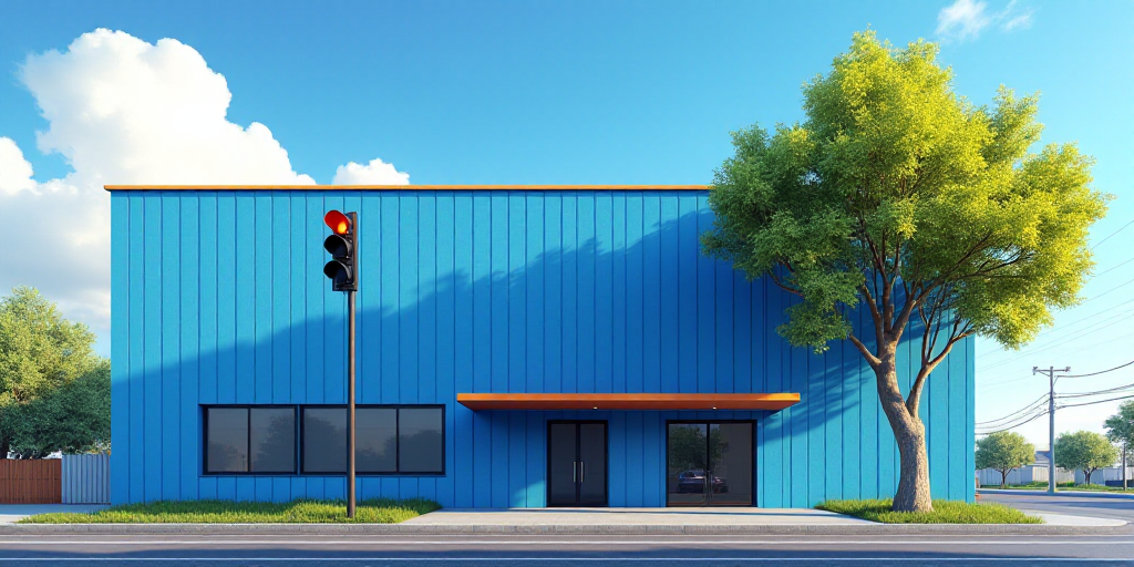 a blue building with a traffic light in front of it and a tree in front of it that is also a banana