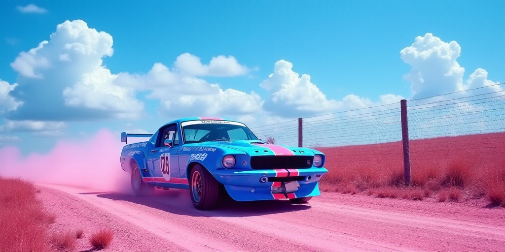 a blue race car driving down a dirt road next to a fence and a blue sky with clouds in the backgroun