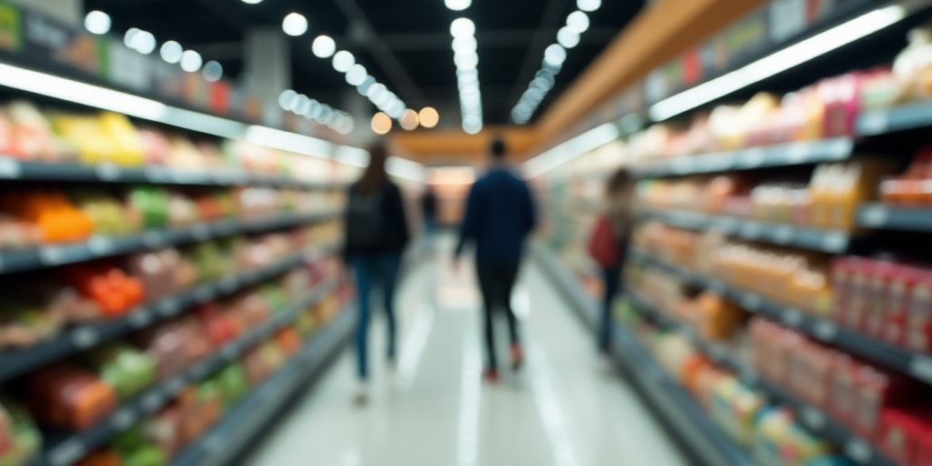 a blurry photo of a grocery store aisle with people walking by it and a row of shelves with food, An