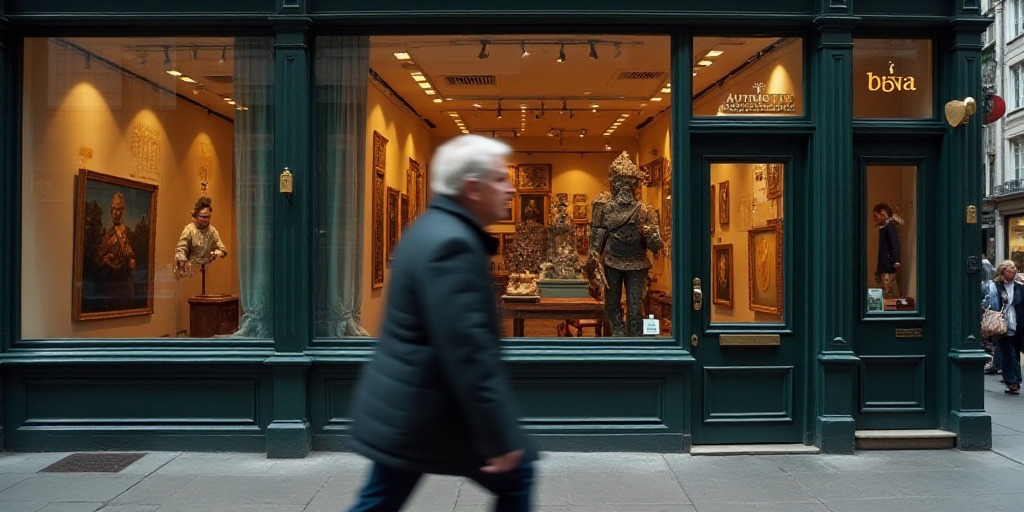 a blurry photo of a man walking past a building with a sign that says bbva on it, Abraham Begeyn, vr