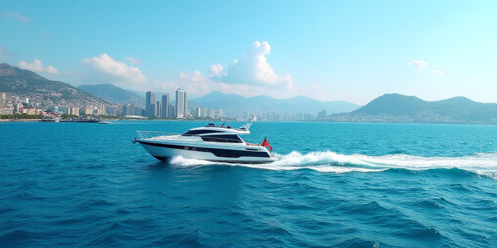a boat sailing in the ocean near a city on a sunny day with blue water and buildings in the backgrou