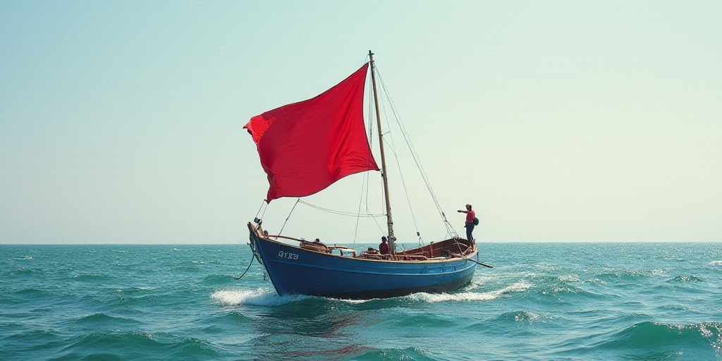 a boat with a flag is in the water with a flag flying in the wind and a boat with a flag in the wate