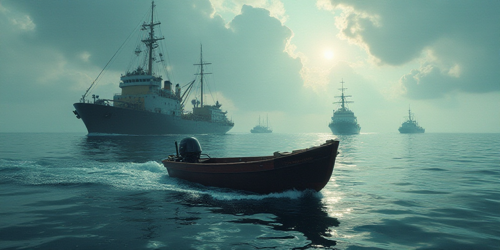 a boat with a motor on the water near a large ship in the ocean with other boats in the background,