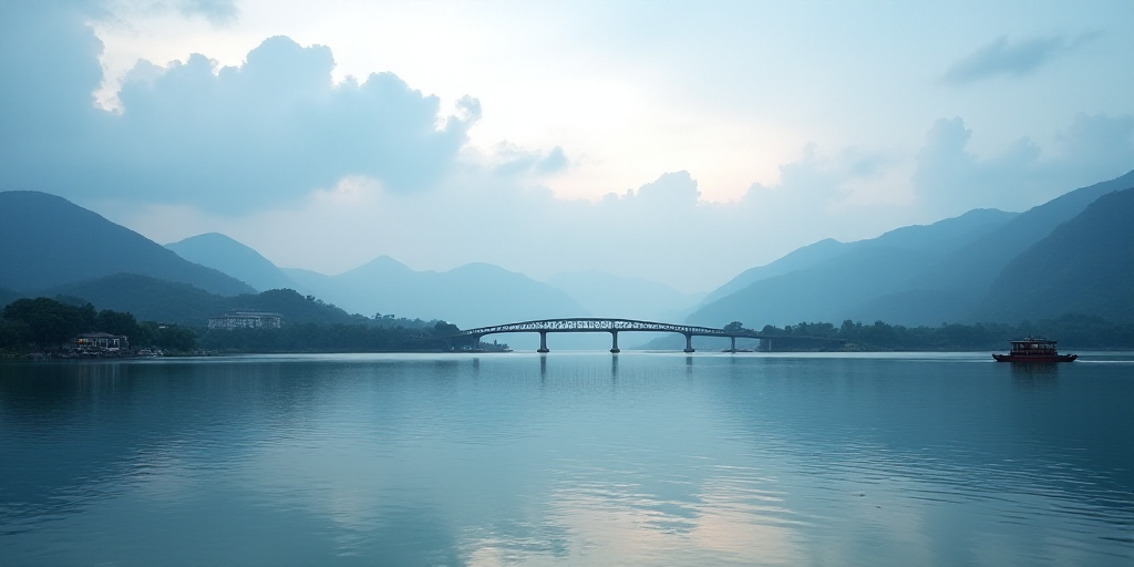 a body of water with a bridge and a boat in it and a sky background with clouds and mountains, Cui B