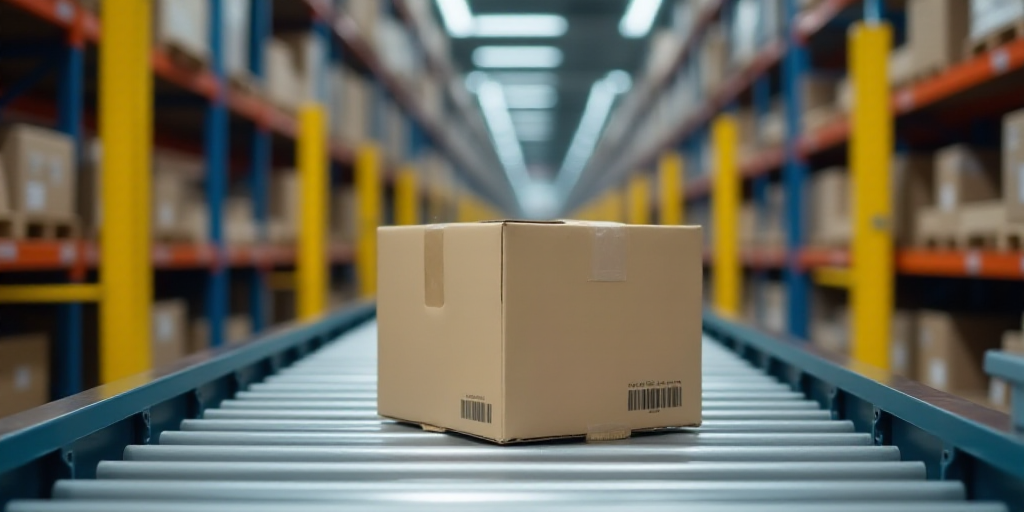 a box sitting on top of a conveyor belt in a warehouse with yellow and blue racks behind it, Andries