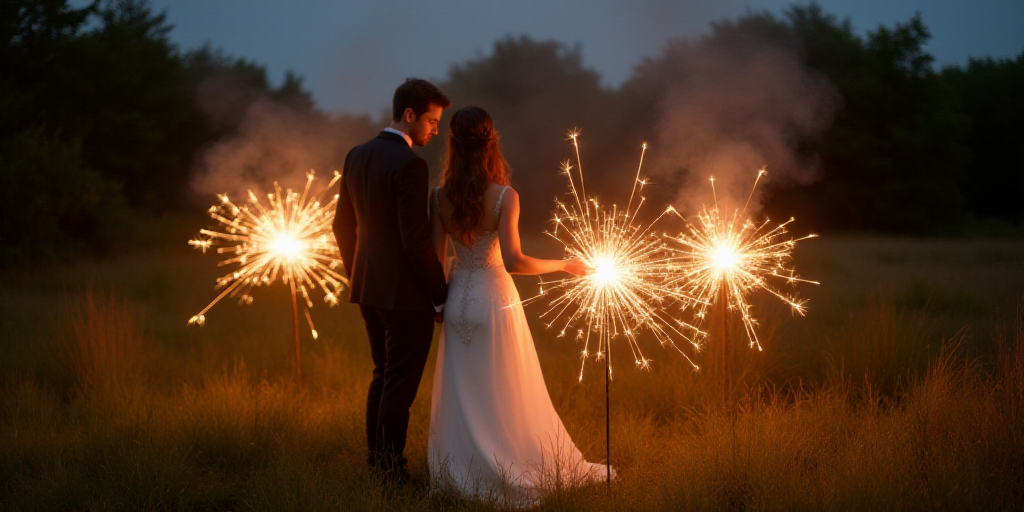 a bride and groom are surrounded by sparklers at their wedding reception in a field of grass and bus