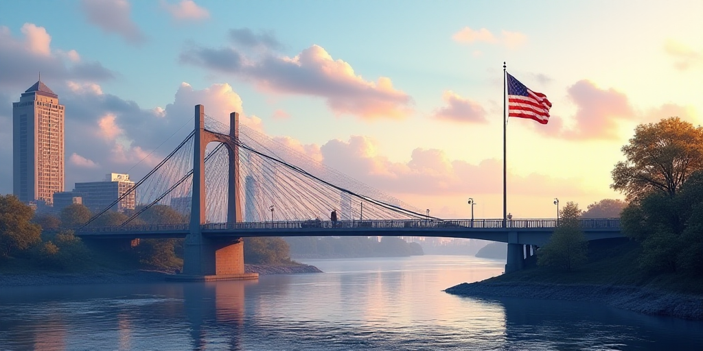 a bridge with a flag flying over it and a city in the background with a bridge going over it, Arling