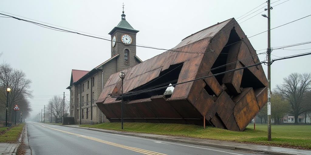 a broken metal structure sitting on the side of a road next to a street sign and a building with a c