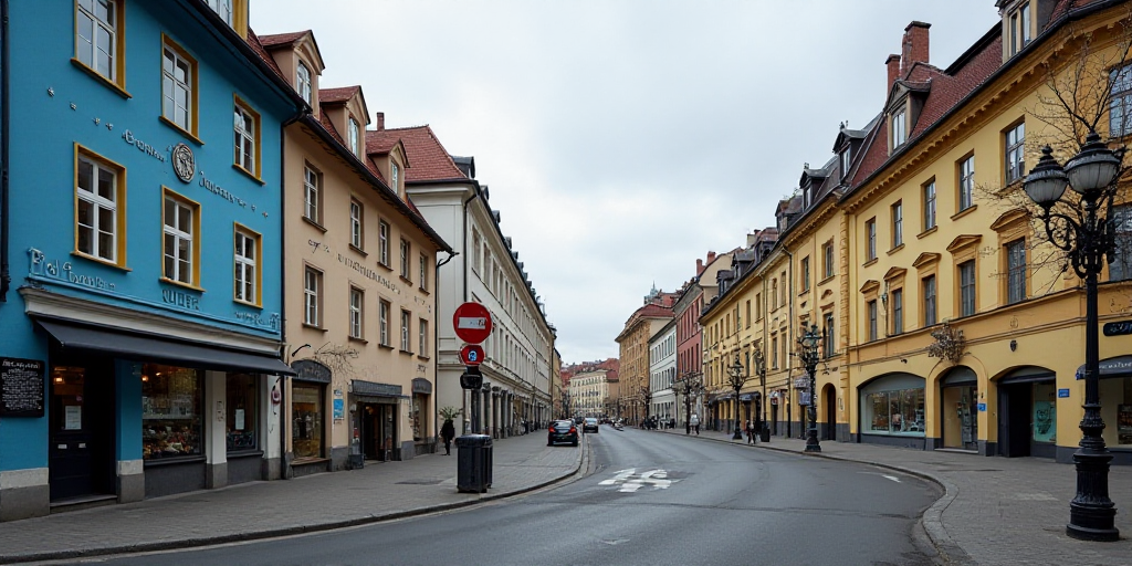 a building with a blue and yellow sign and stars on it's side and a building with a blue and yellow