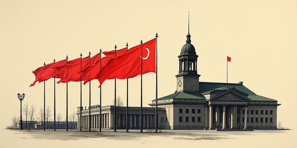 a building with a bunch of flags flying in the wind and a building with a clock on it and a flag pol