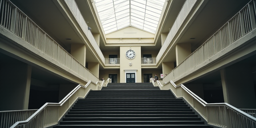 a building with a bunch of stairs going up to it's top floors and a clock on the wall, Enguerrand Qu