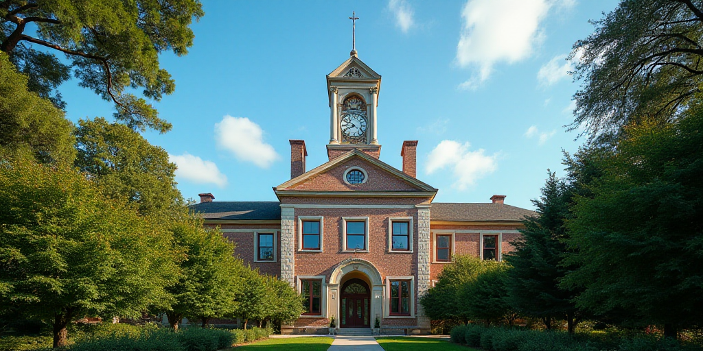 a building with a clock on top of it surrounded by trees and bushes in front of a blue sky, Brenda C