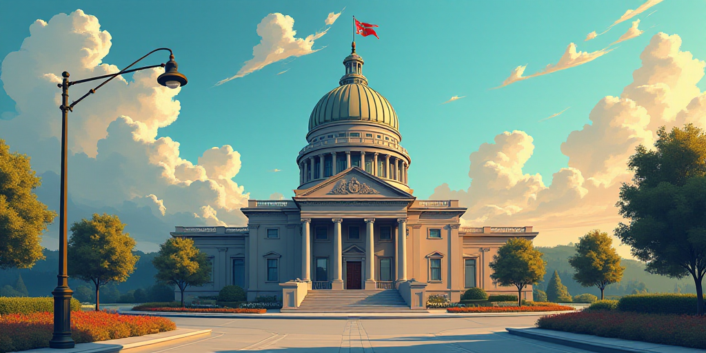 a building with a dome and a flag on top of it and a street light in front of it, Anne Rigney, tone
