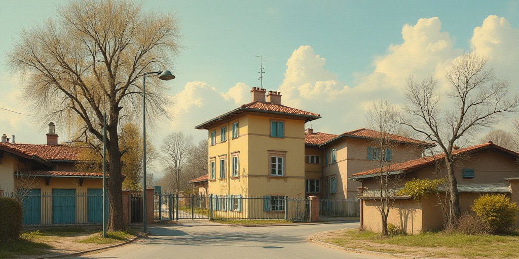 a building with a fence around it and a street light in front of it and a tree in front of it, Engue