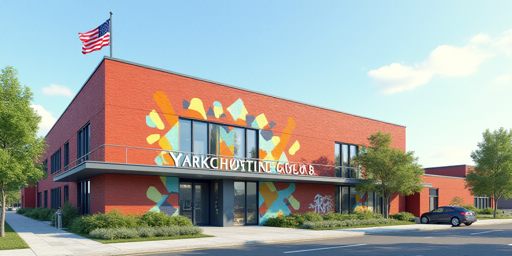 a building with a flag on top of it and a sign in front of it that says yaka, Charles Roka, public w