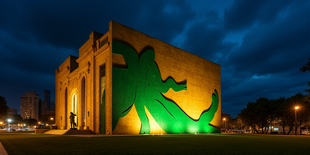 a building with a large green and gold design on it's side at night time with a dark sky in the back