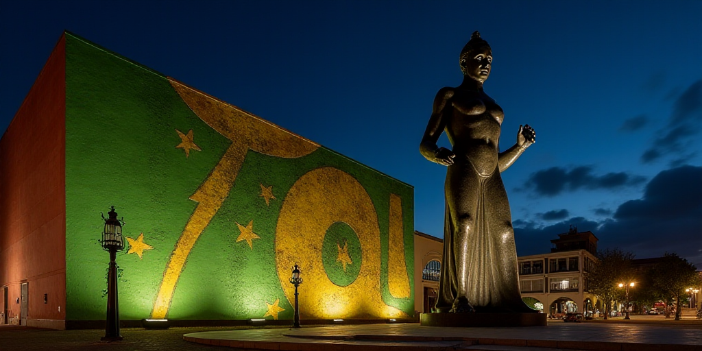 a building with a large green and gold design on it's side at night time with a dark sky in the back