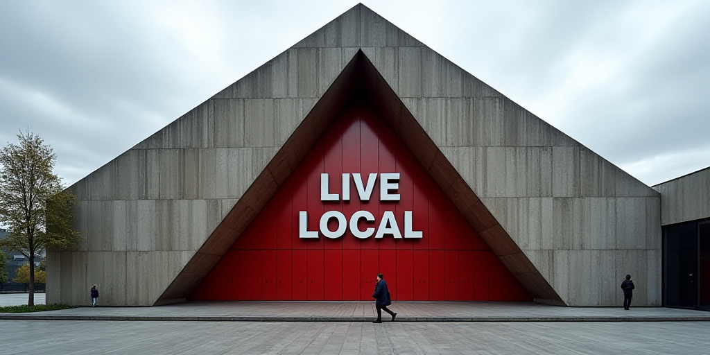 a building with a large triangular shaped entrance and a sign on the front of it that says live loca