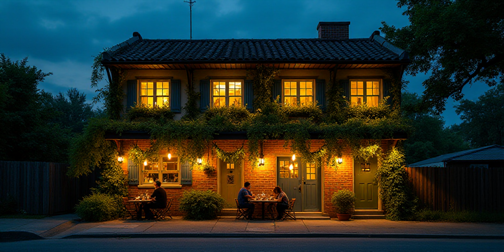 a building with a lot of plants and lights on it at night time with people sitting outside and eatin