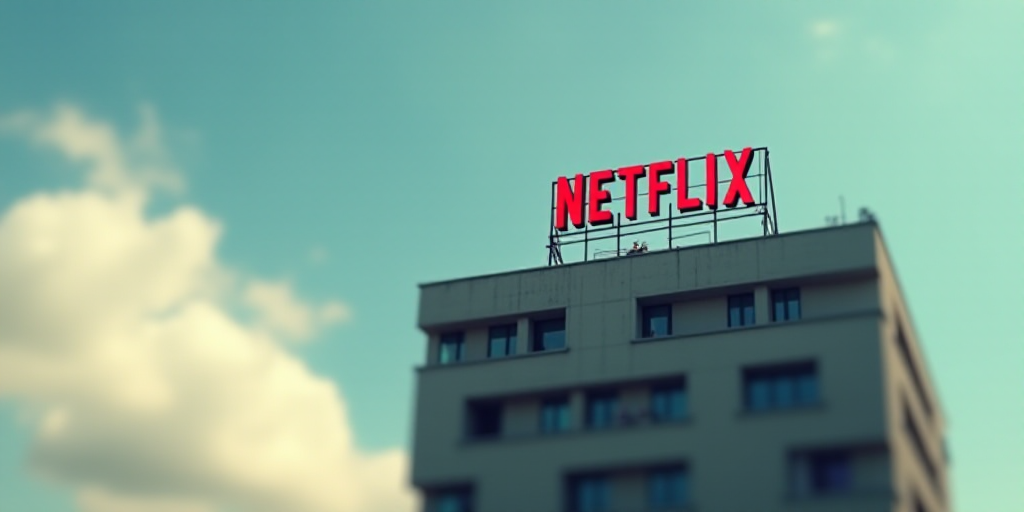 a building with a netflix logo on top of it's roof and a sky background with clouds in the backgroun