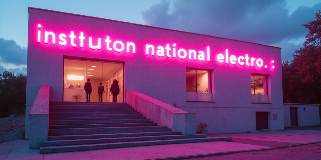a building with a pink sign and some people standing outside it and stairs leading up to it and a pi