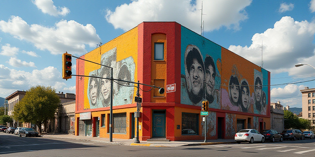 a building with a sign that says chicq on it and a stop light in front of it, David Alfaro Siqueiros
