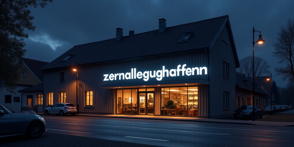 a building with a sign that says zernalleughaffenn on it at night with cars parked outside, Florence