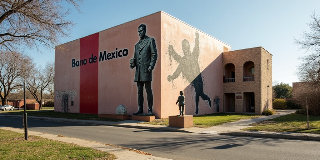 a building with a sign that says bano de mexico on it's side and a statue of a man on the outside, D