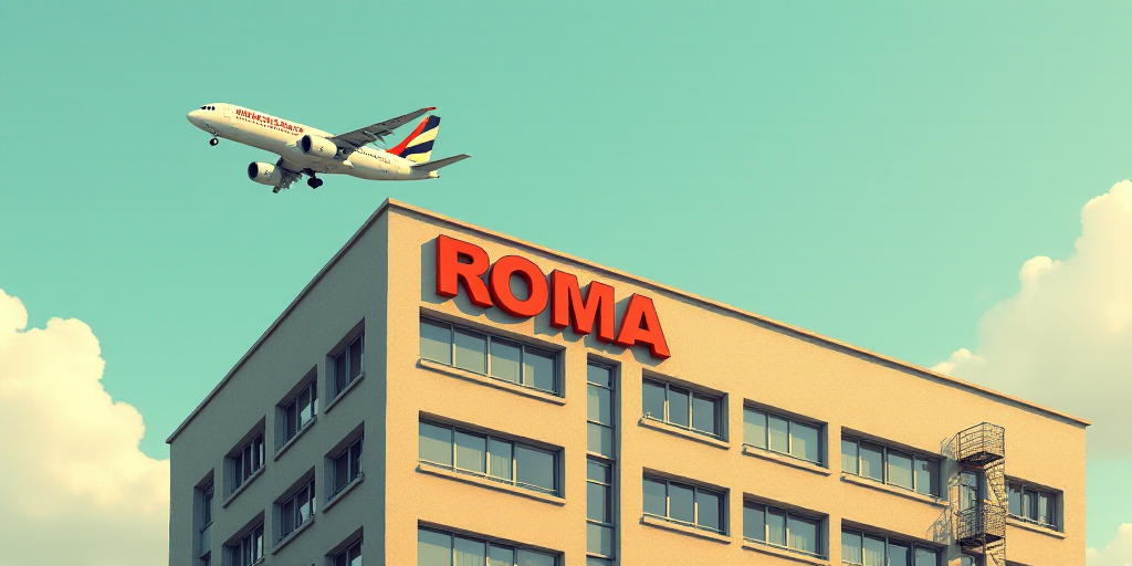 a building with a sign that says roma on it and a plane flying over it in the sky above, Almada Negr