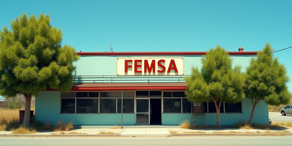a building with a sign that says femsa on it and trees in front of it and a blue sky, Amos Ferguson,