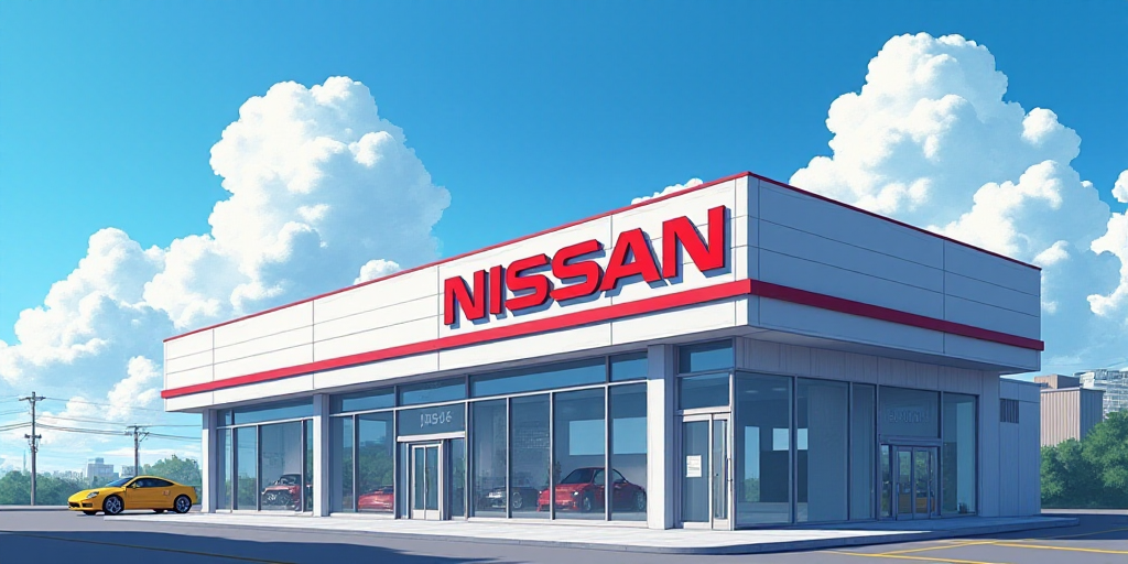a building with a sign that says nissan on it's side and a sky background behind it that says nissan