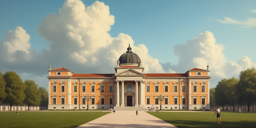 a building with a sky background and a sky filled with clouds above it and a few people walking arou