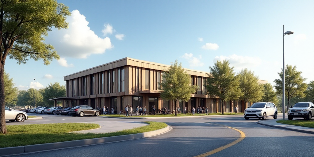a building with cars parked in front of it and people walking around the building and cars parked in