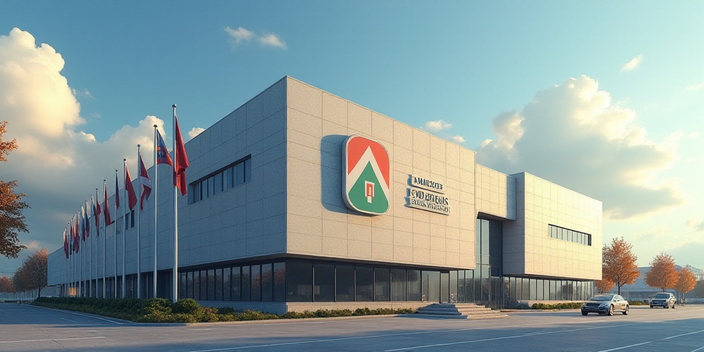 a building with flags flying in front of it and a sky background with clouds in the background and a