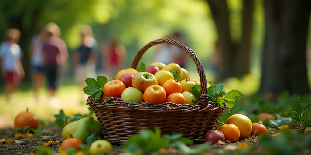a bunch of fruit that is in a basket on the ground near a tree and some people in the background, Ce
