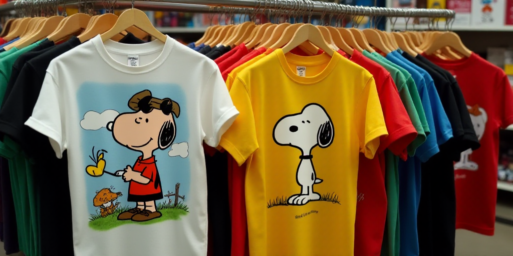 a bunch of peanuts and snoopy shirts on display with a cartoon character on the back of the shirt, C
